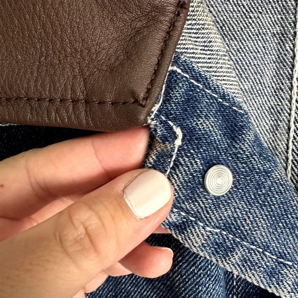 Vintage Ivy Crew Unisex Denim Jacket Size L Brown Leather Collar 90s Y2K Jean - Picture 3 of 10